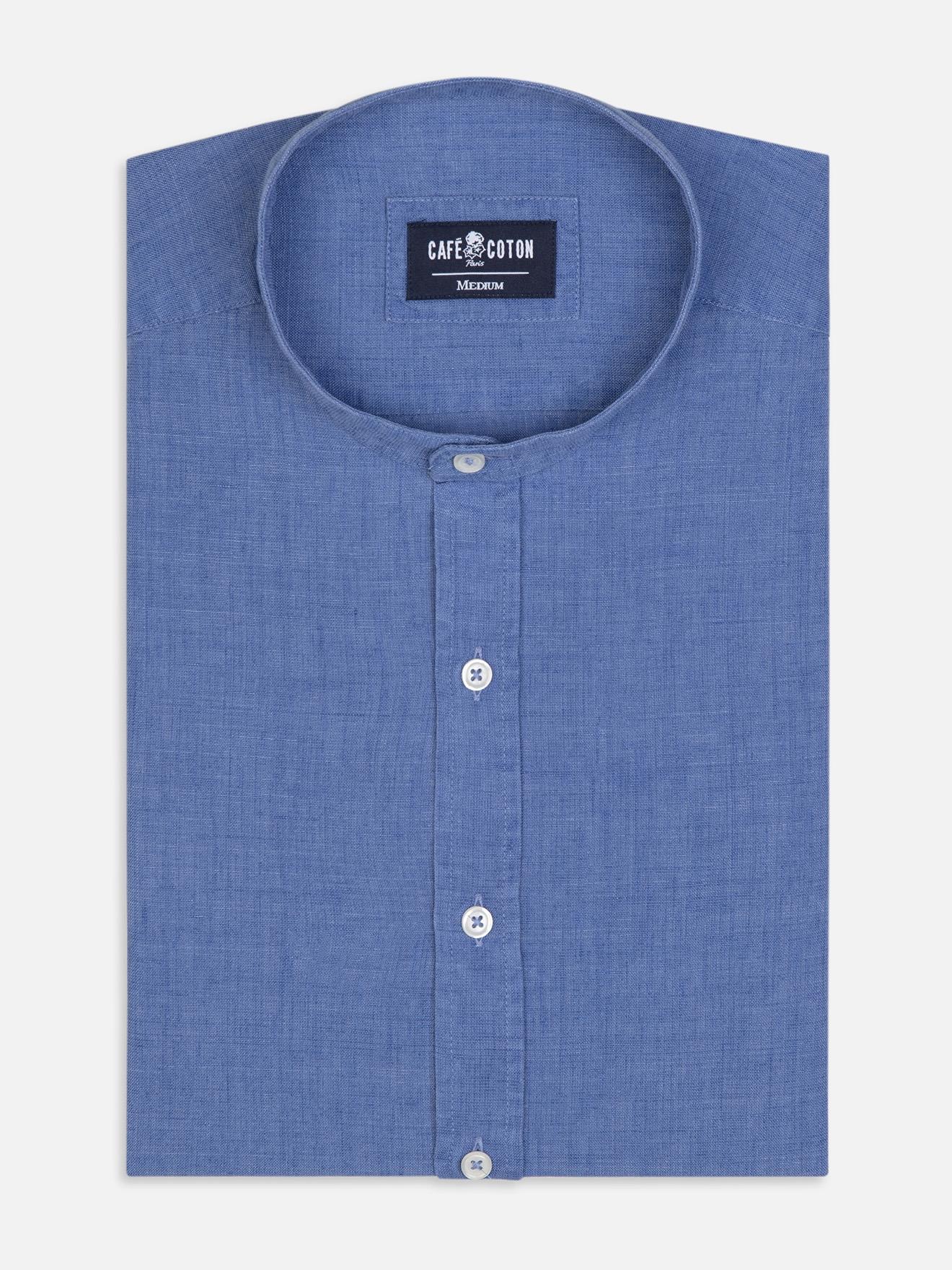 Liam slim fit Mao collar shirt van blauw linnen