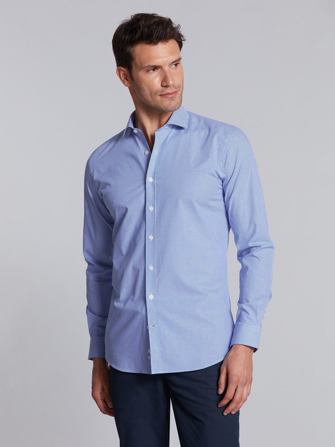 Slim-fitted blauw geruit overhemd