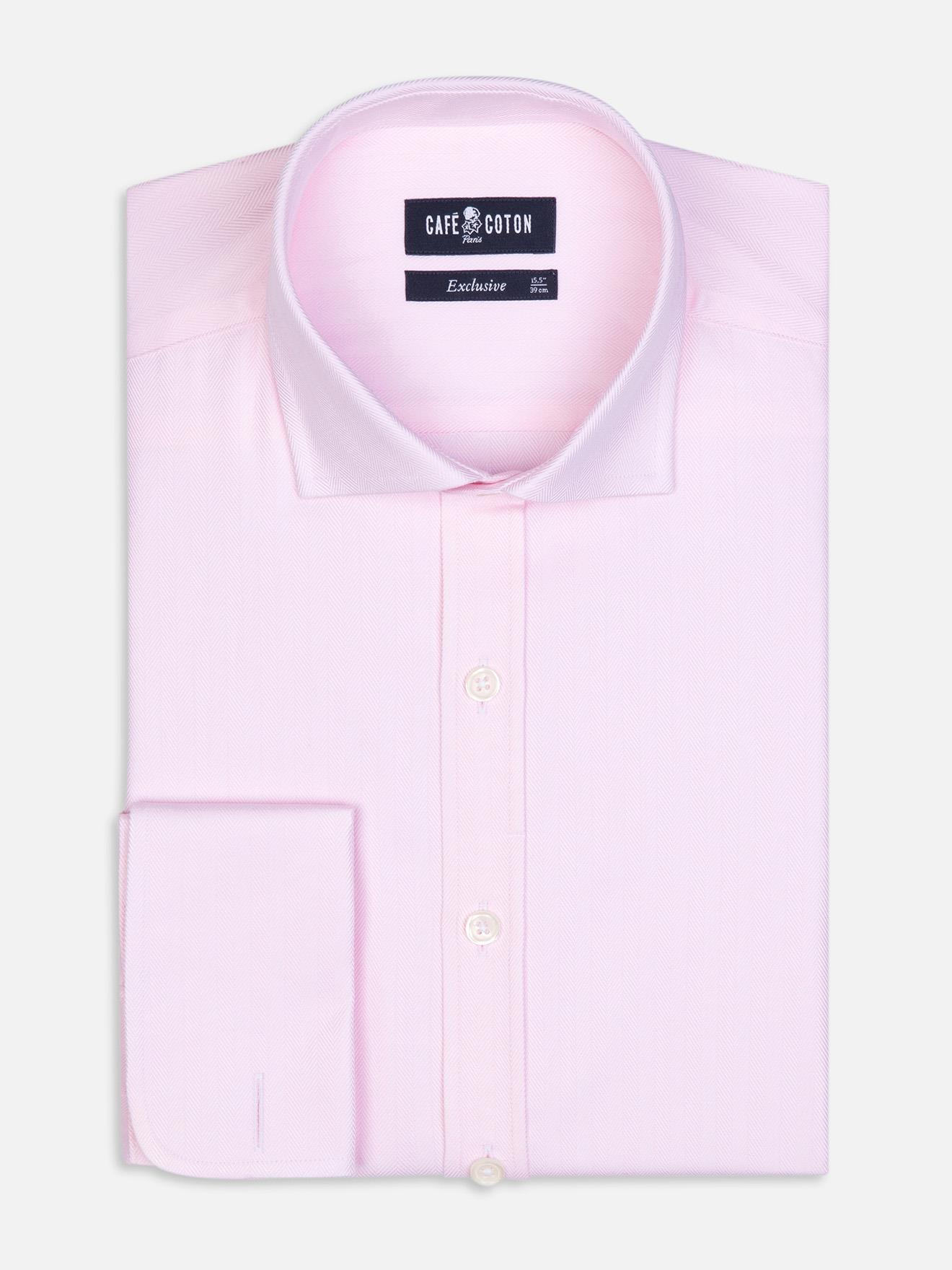 Slim-fitted roze visgraat overhemd - Musketier manchetten