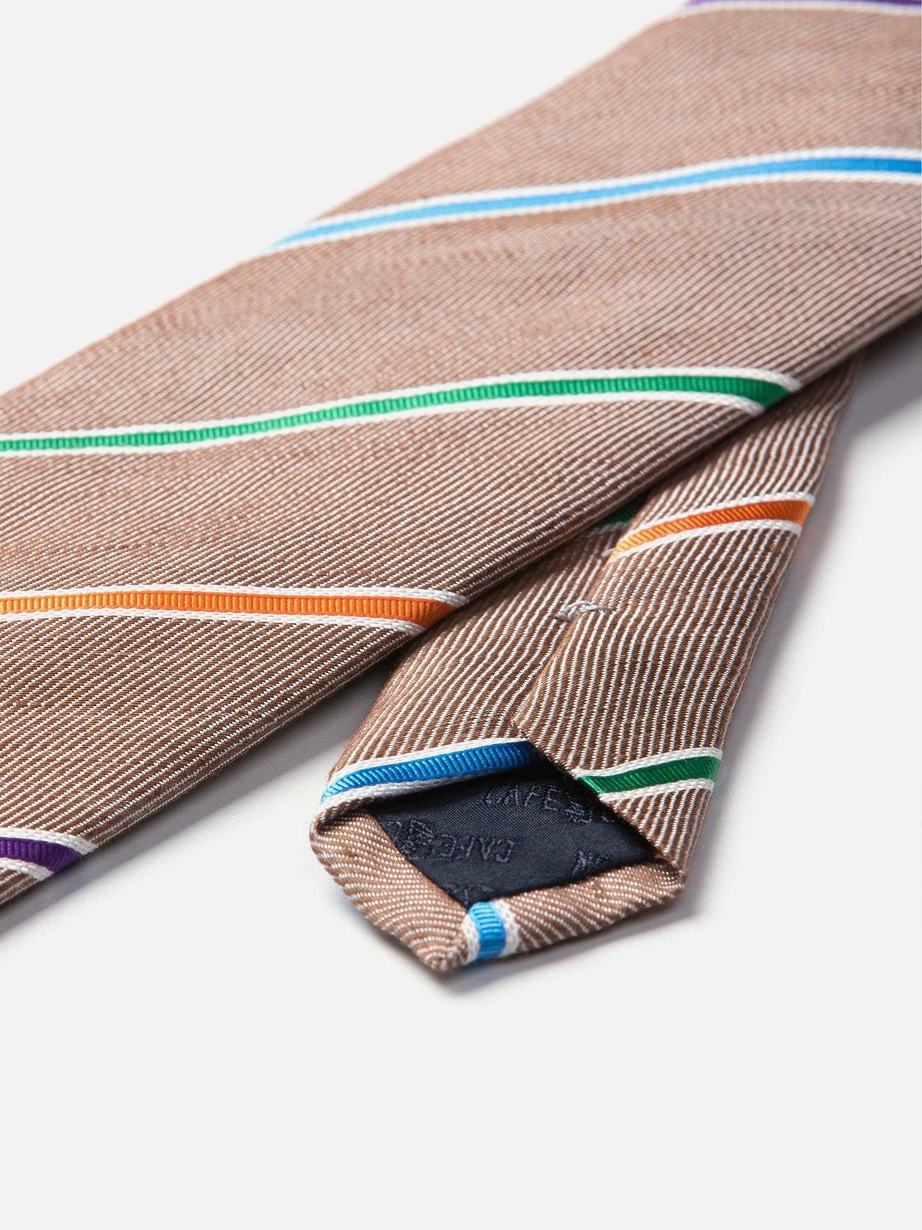 Cravate en soie et lin naturel à rayures multicolores