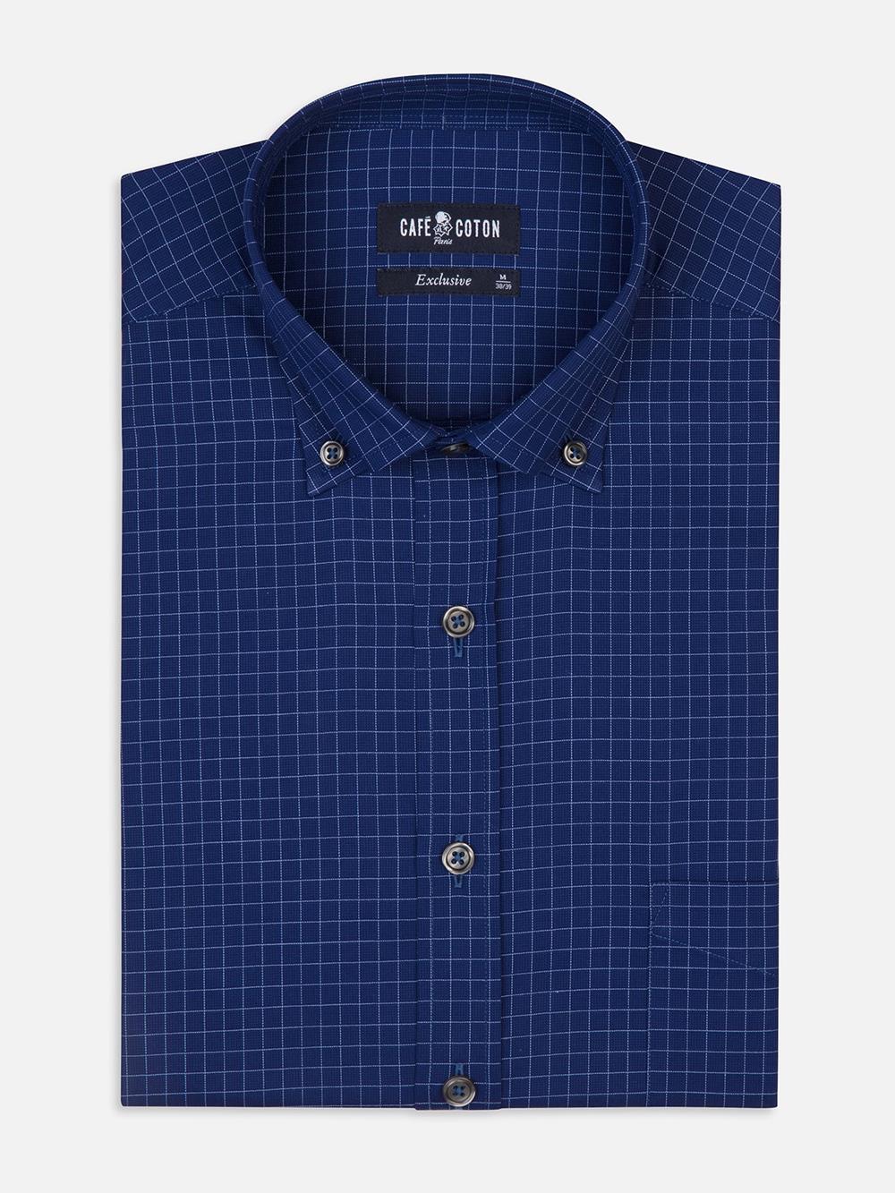 Clyde navy blue checked shirt - Button-down collar