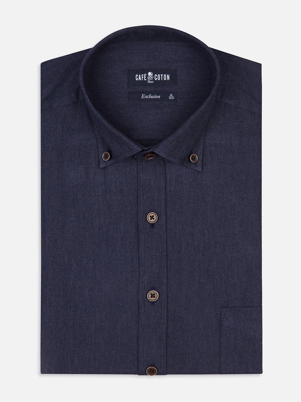 Hall navy blue flannel shirt - Button-down collar