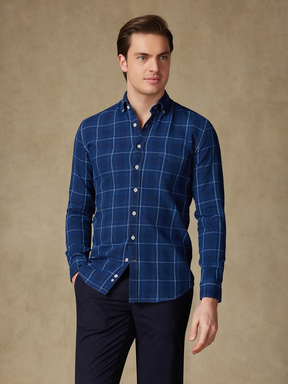 Heath-Hemd mit Indigo-Tartanmuster - Button down kragen