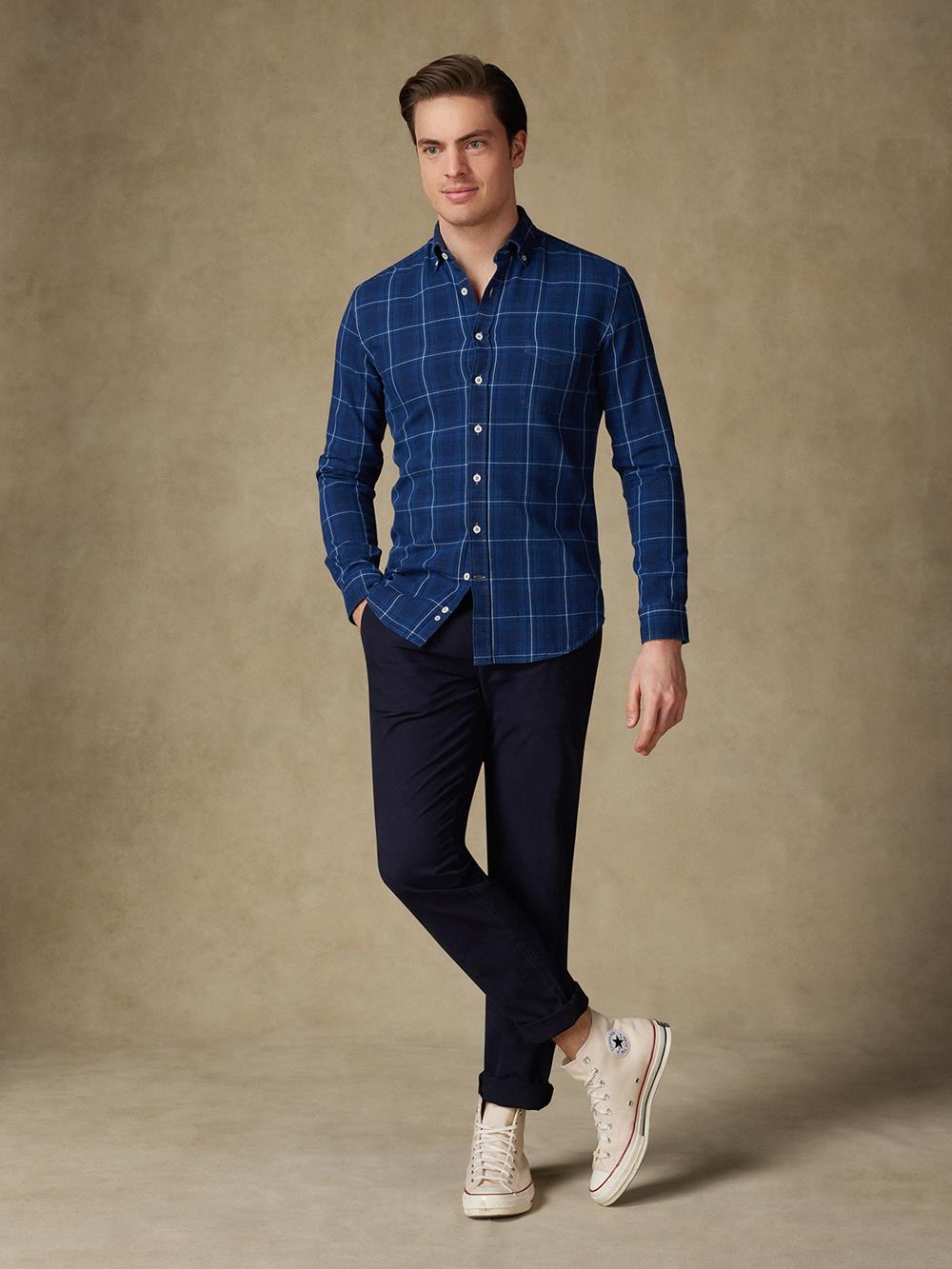 Buton down collar Heath tartan shirt - Indigo