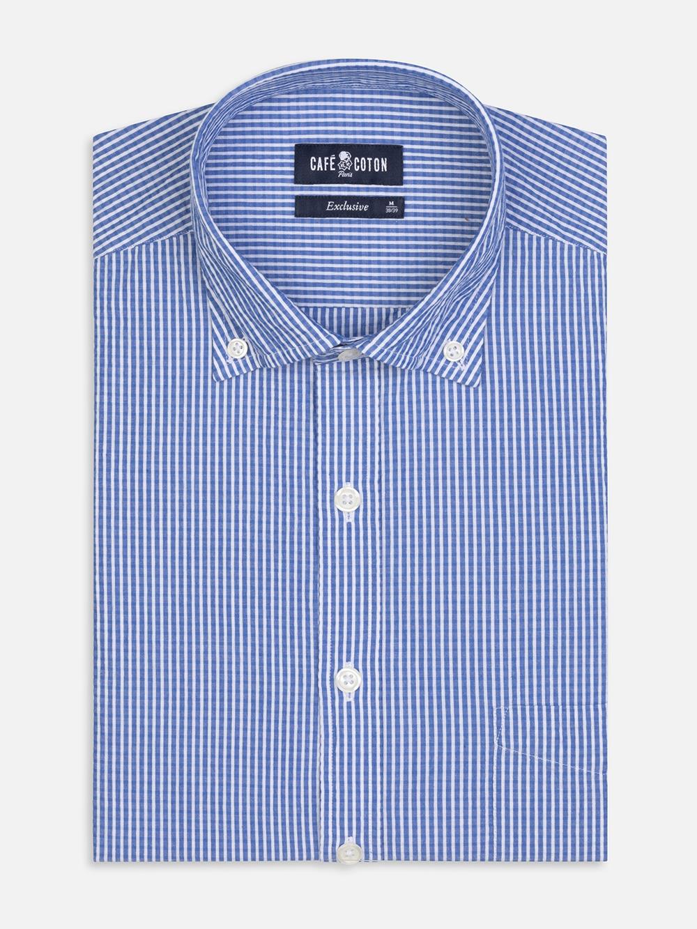 Chemise Hugh en seersucker bleu - Col Boutonné