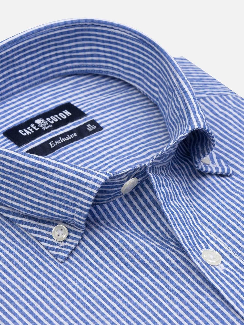 Buton down collar Hugh seersucker shirt - Blue