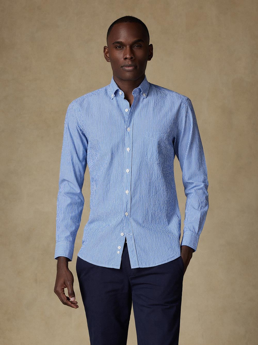 Buton down collar Hugh seersucker shirt - Blue