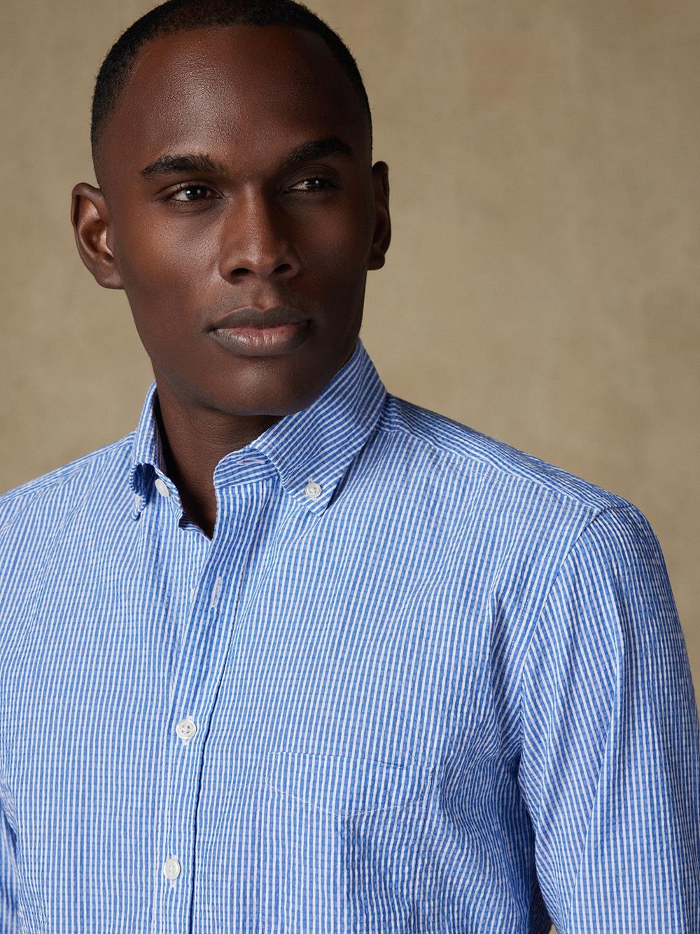 Buton down collar Hugh seersucker shirt - Blue