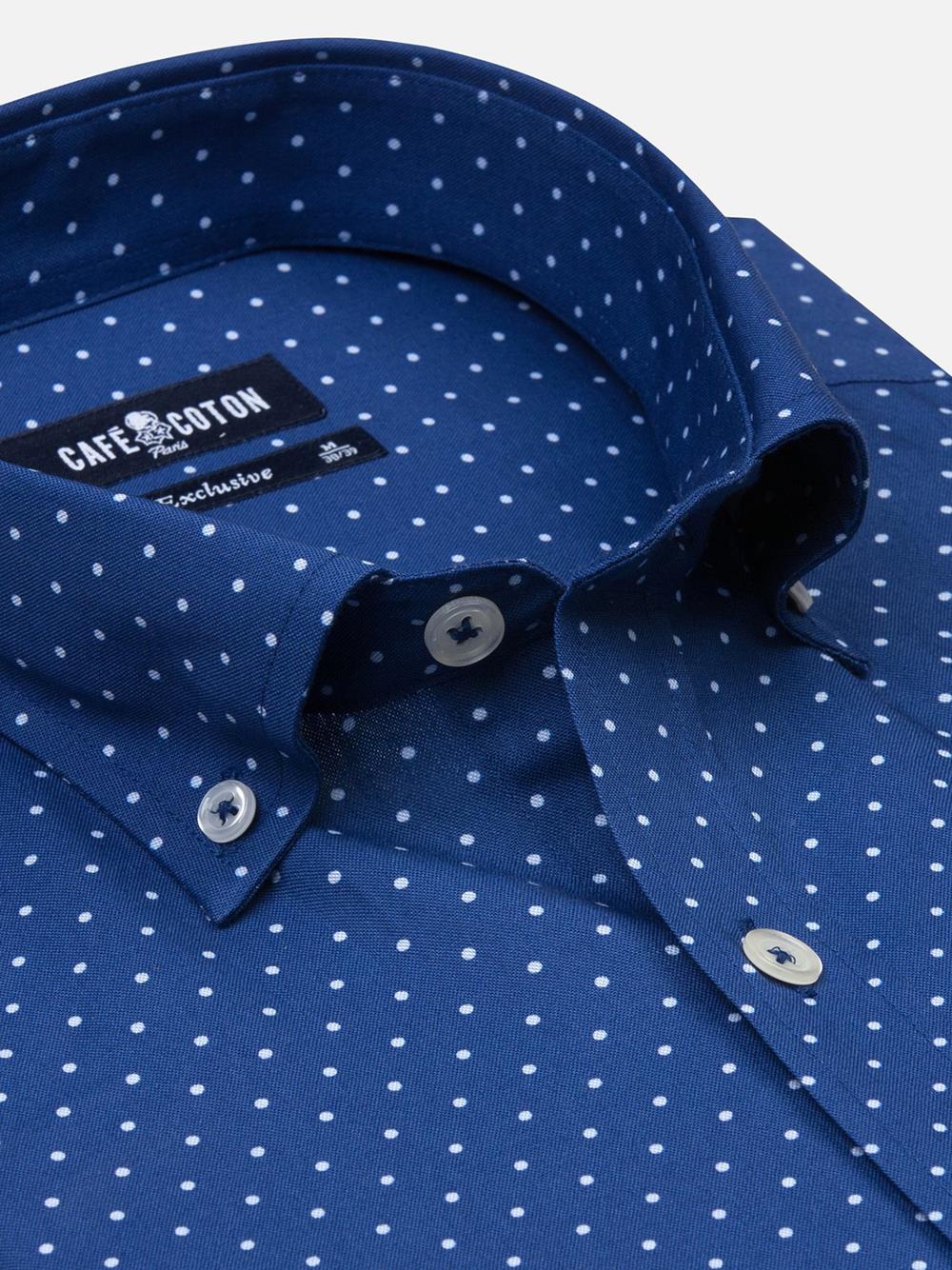 Blue spotted white popelin shirt - Button down collar
