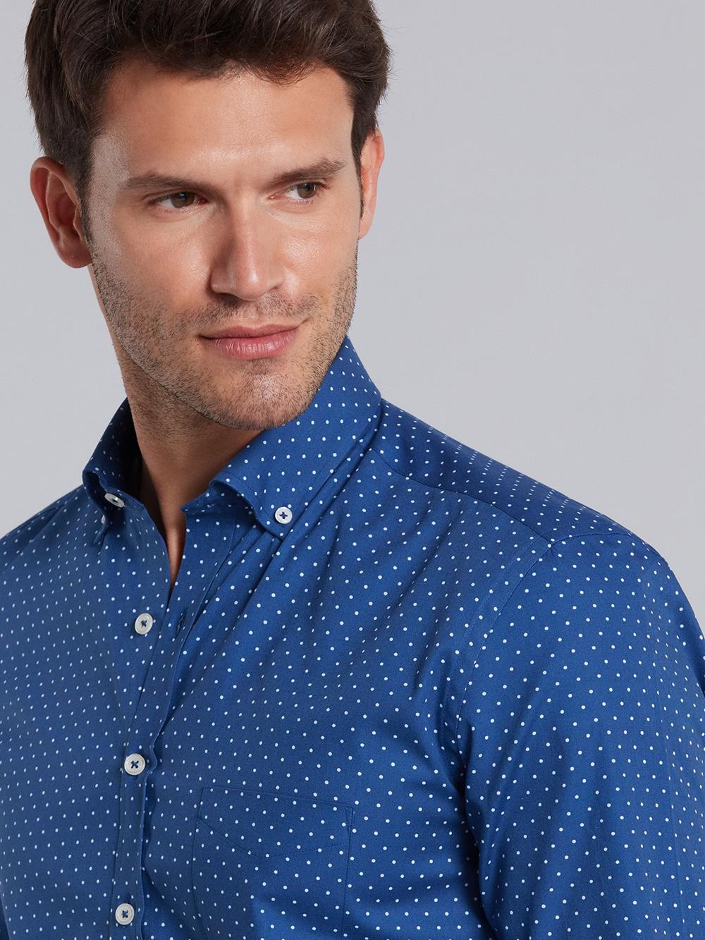 Blue spotted white popelin shirt - Button down collar