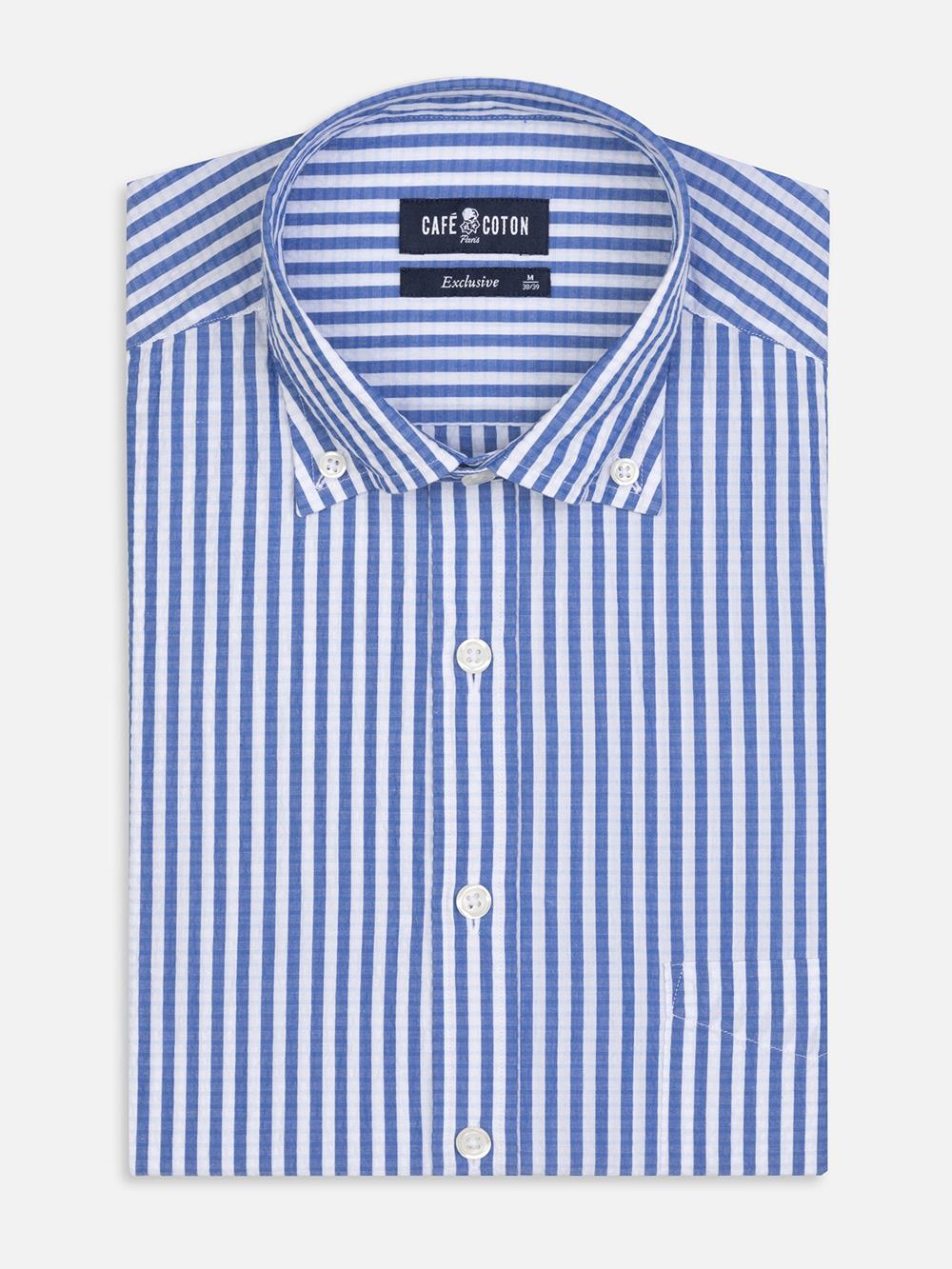 Buton down collar Ian seersucker shirt - Blue