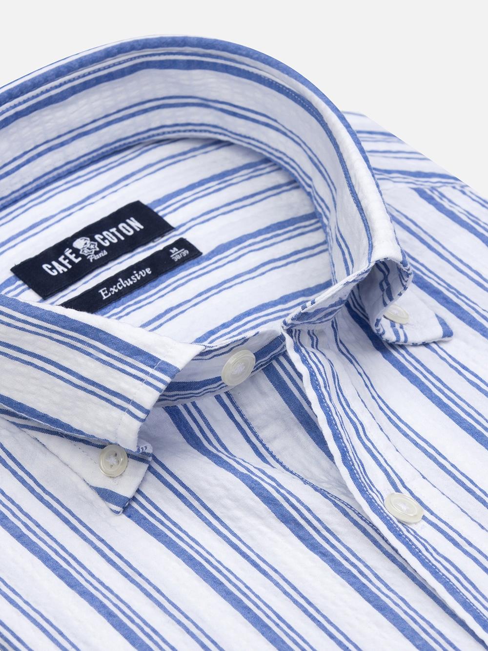 Buton down collar Ivor seersucker shirt - Blue