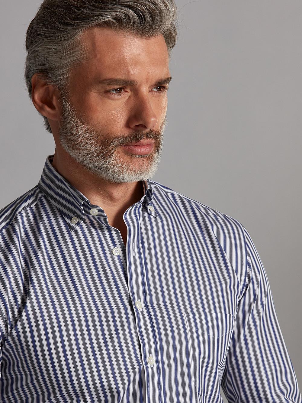 Robin marineblauw en grijs gestreept overhemd - Buttoned kraag