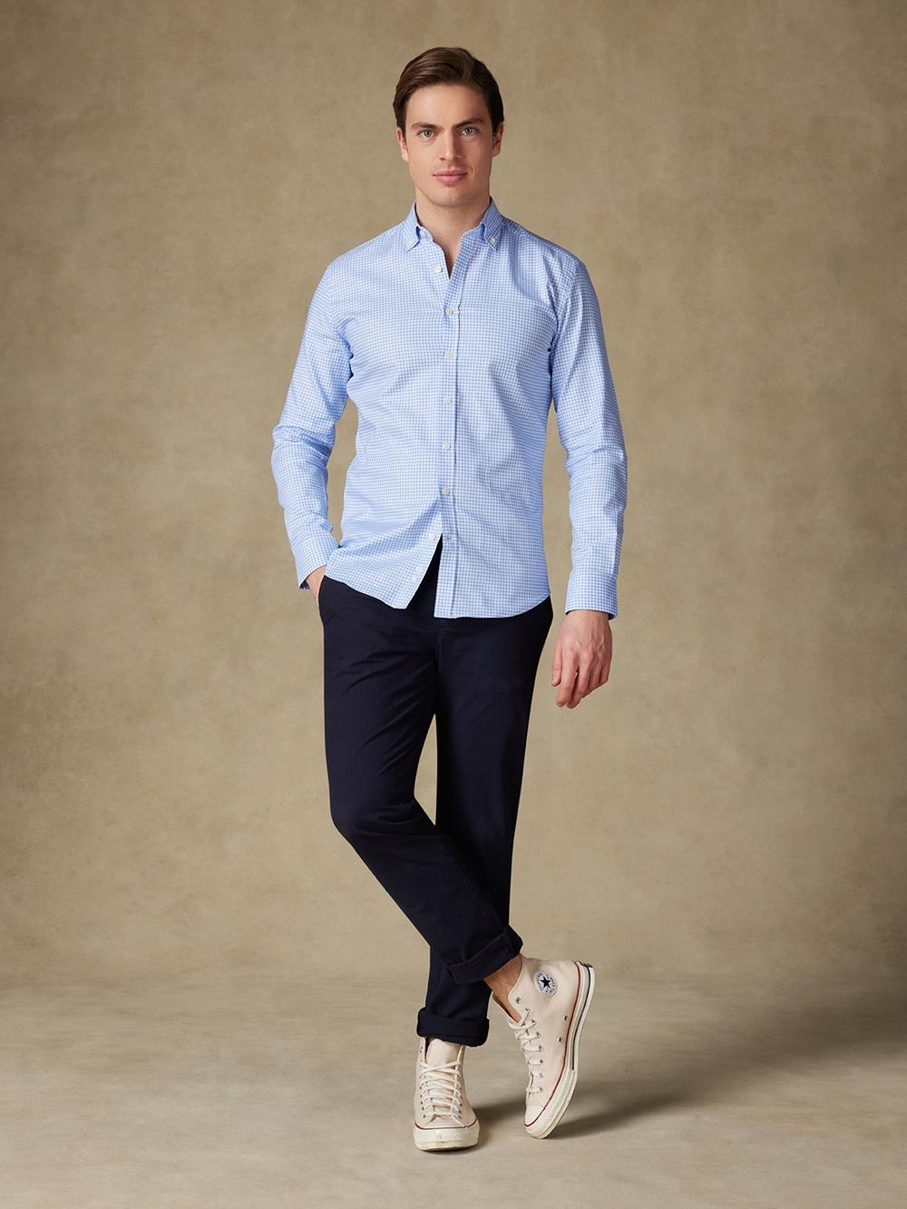 Buton down collar Anthony micro gingham slim fit shirt - Blue sky 