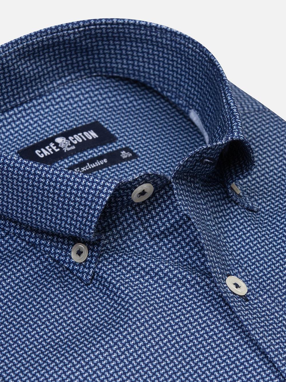 Dan navy blue slim fit shirt with printed pattern - Button-down collar
