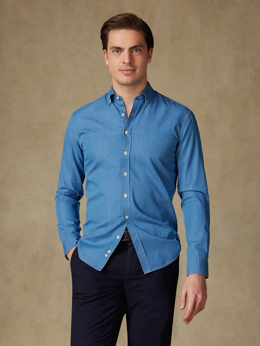 Buton down collar Denim slim fit shirt - Blue