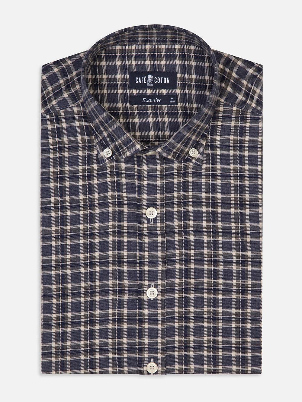 Denys slim-fit overhemd van marineblauw flanel met grijze ruiten - Kraag Overhemden