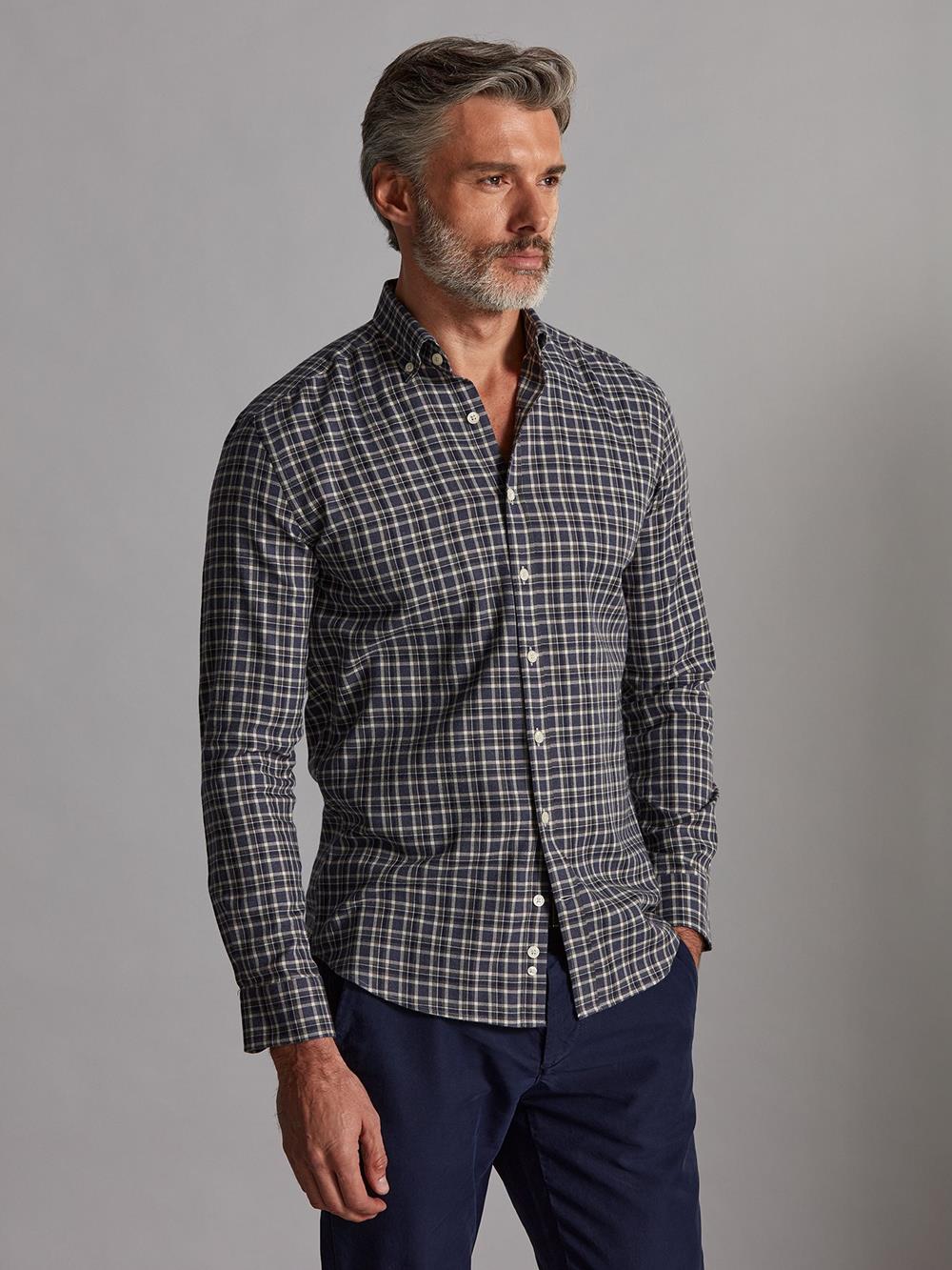 Denys slim-fit overhemd van marineblauw flanel met grijze ruiten - Kraag Overhemden