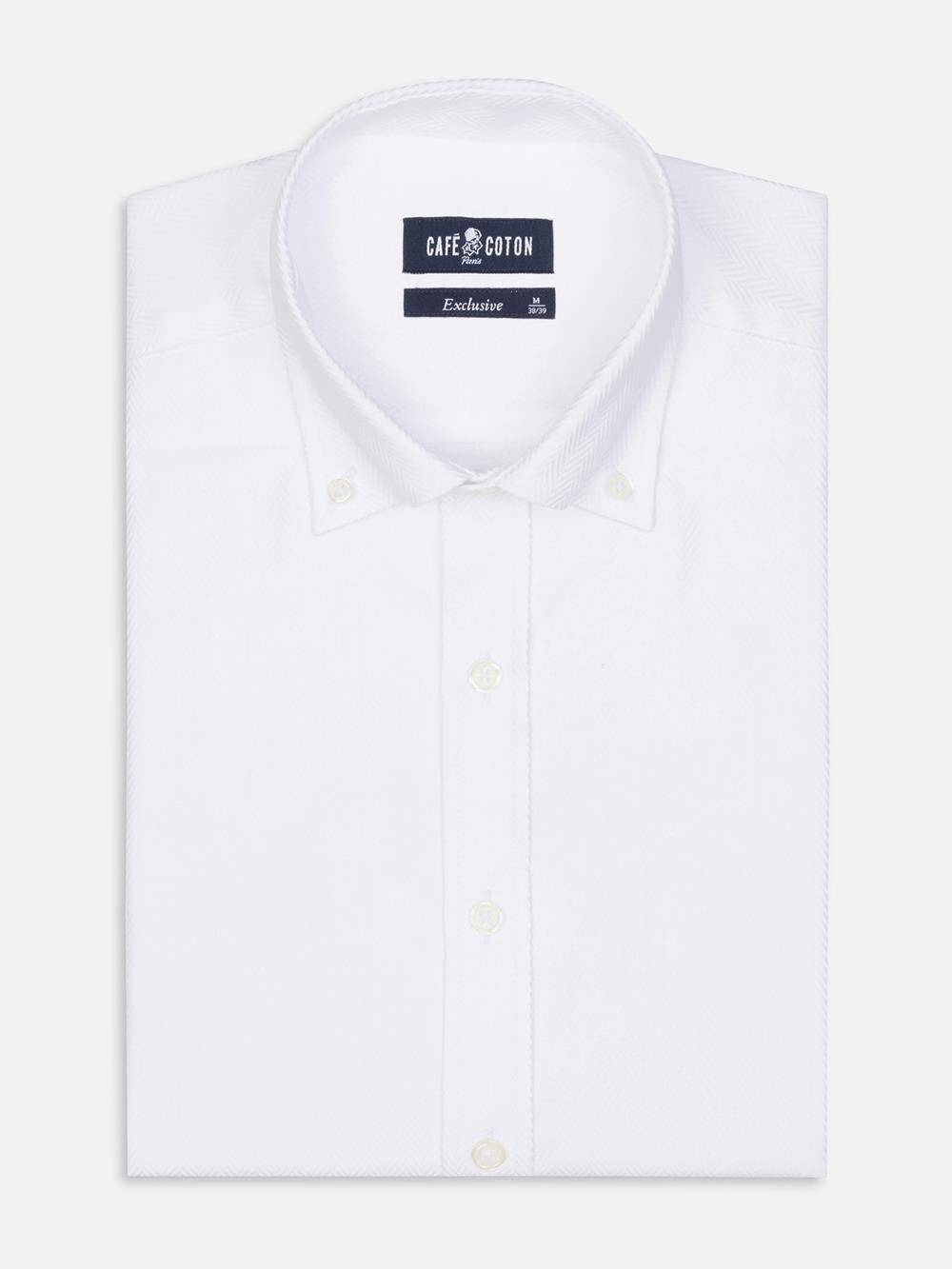 White Herringbone slim fit shirt  - Button down collar