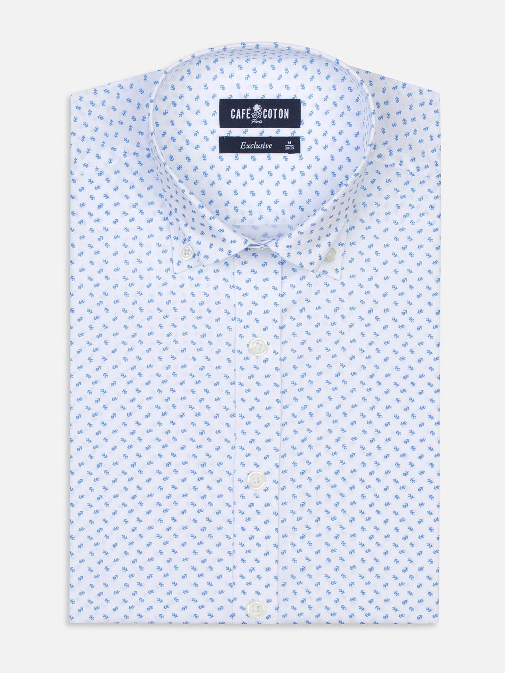 Blue floral printed white popelin slim fit shirt  - Button down collar