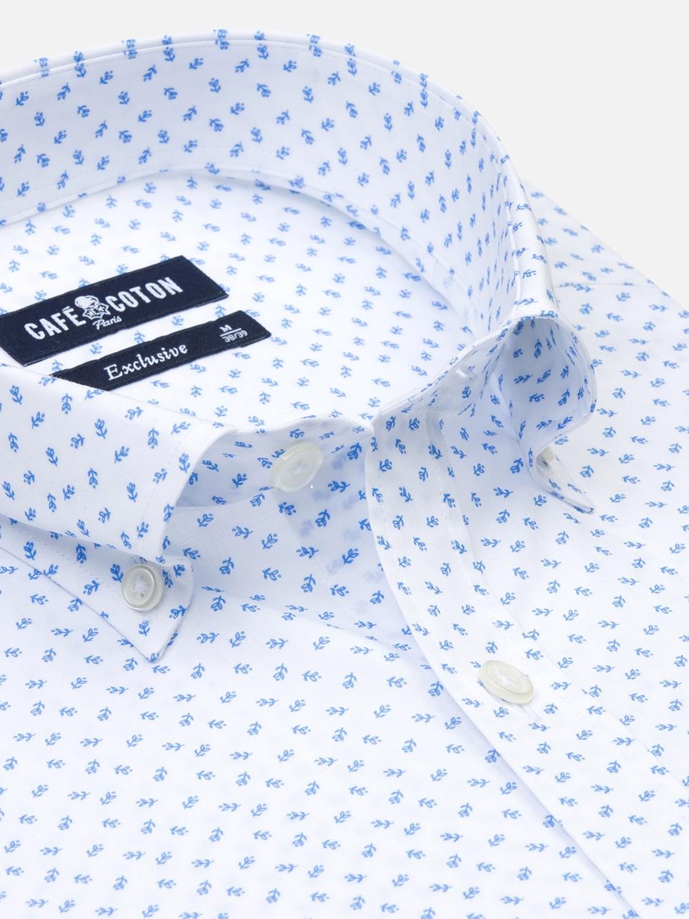 Blue floral printed white popelin slim fit shirt  - Button down collar