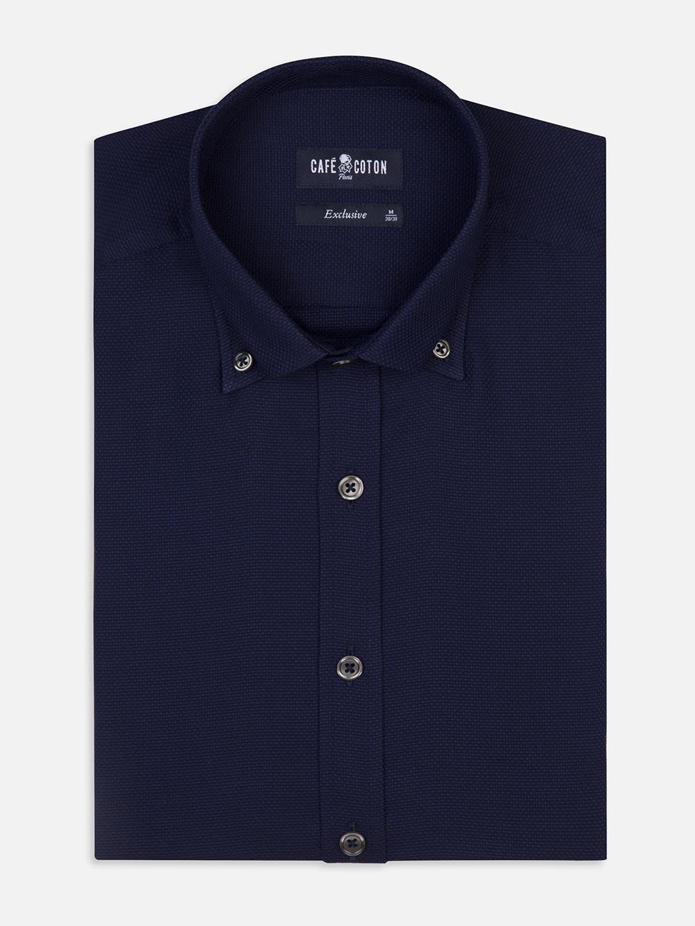 Leo navy textured slim fit shirt - Button-down collar