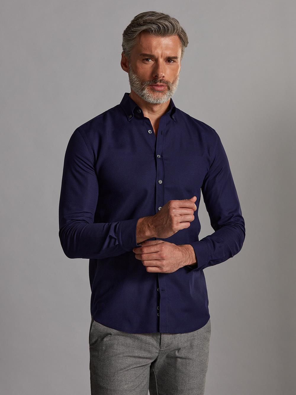 Leo navy textured slim fit shirt - Button-down collar