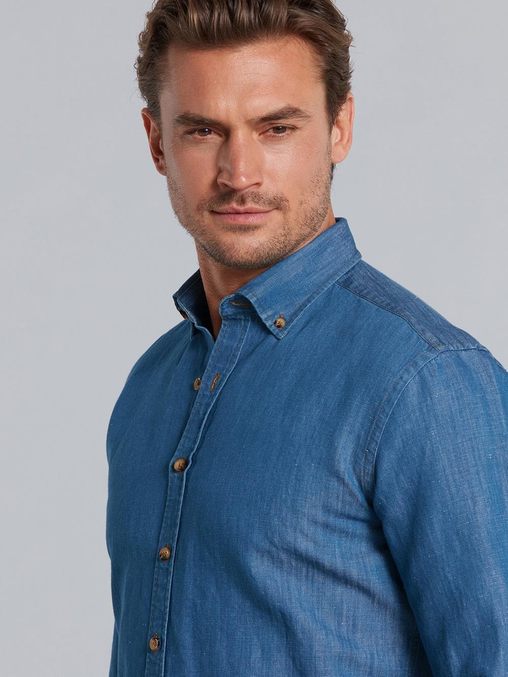 Dark blue denim slim fit shirt - Button down collar