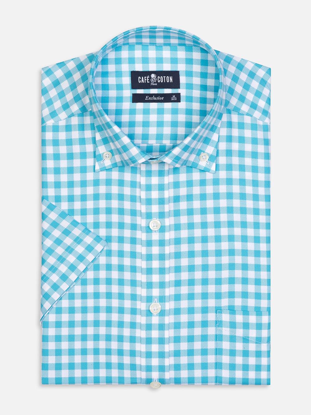 Buton down collar Ash check shortsleeves shirt - Turquoise