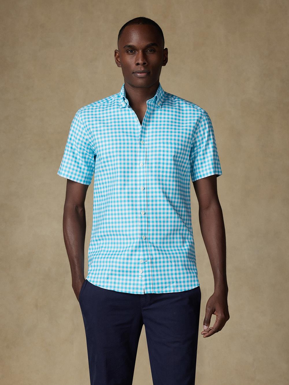 Buton down collar Ash check shortsleeves shirt - Turquoise