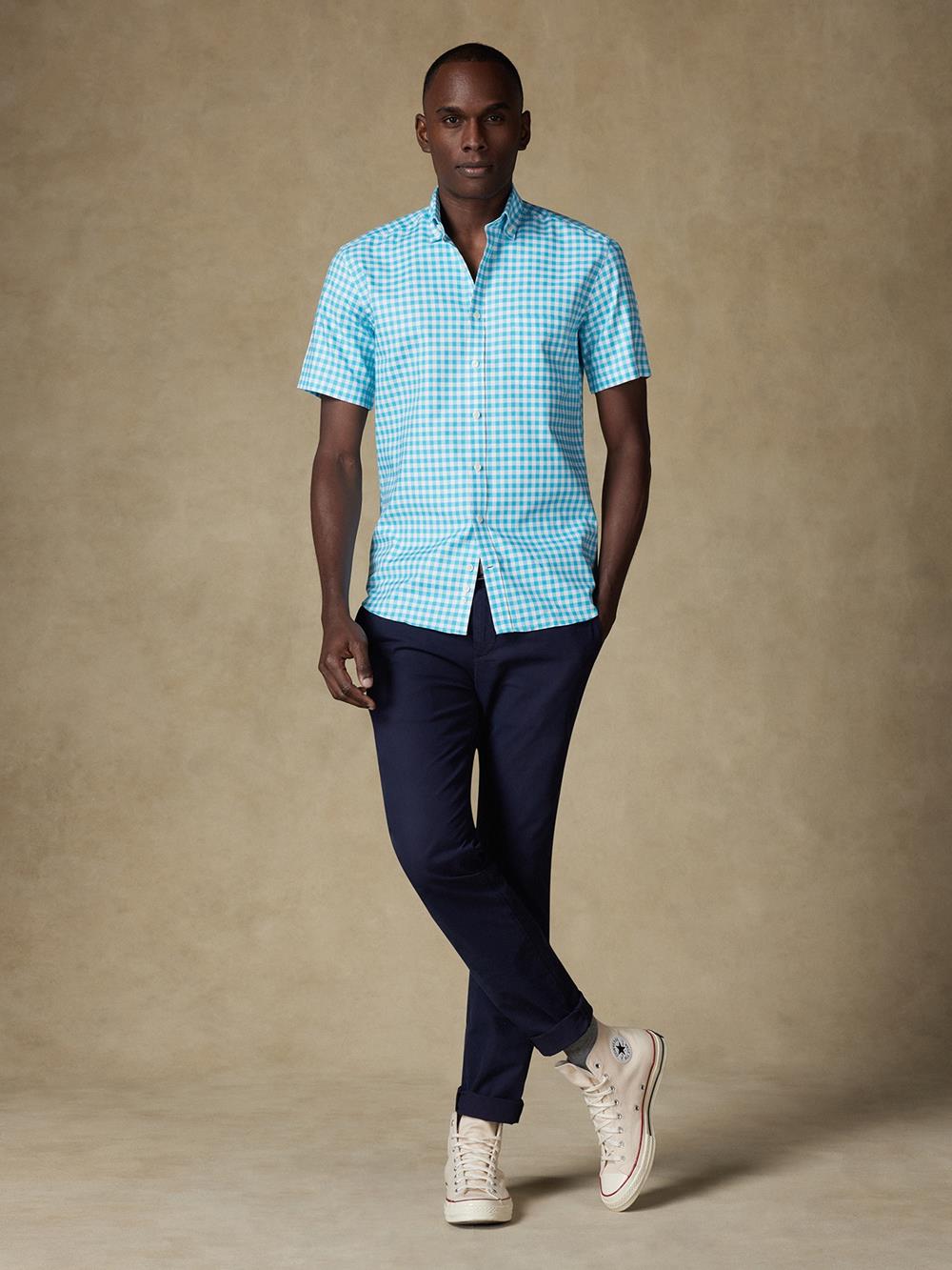 Buton down collar Ash check shortsleeves shirt - Turquoise