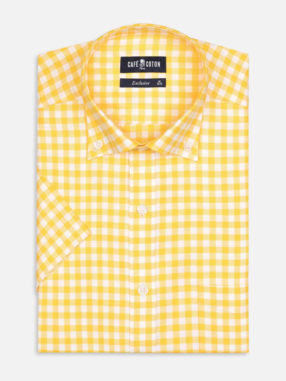 Buton down collar Ash check shortsleeves shirt - Yellow