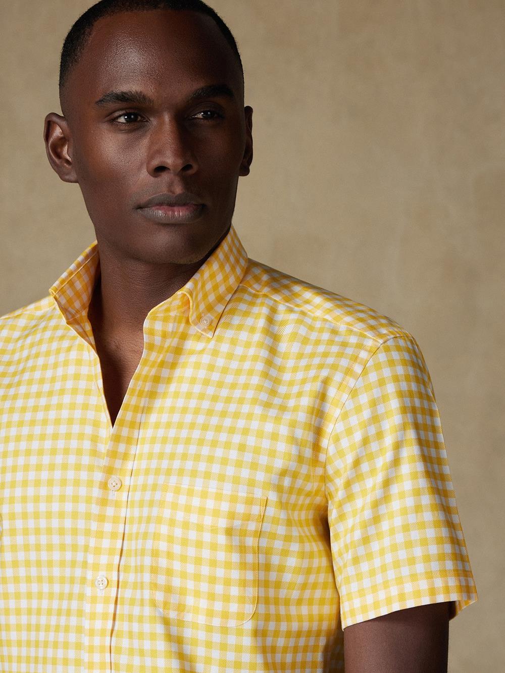 Buton down collar Ash check shortsleeves shirt - Yellow