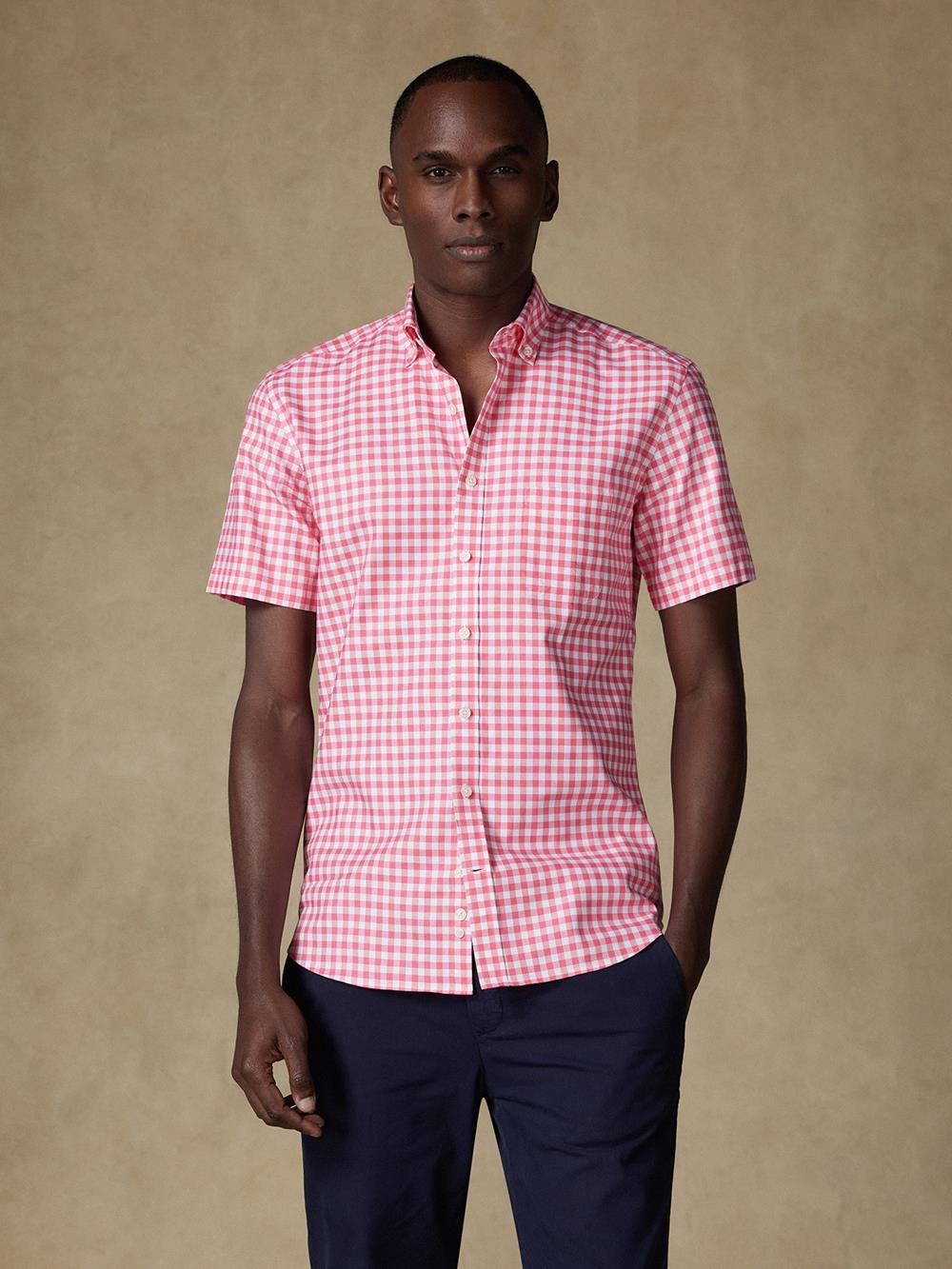 Buton down collar Ash check shortsleeves shirt - Fuchsia pink 