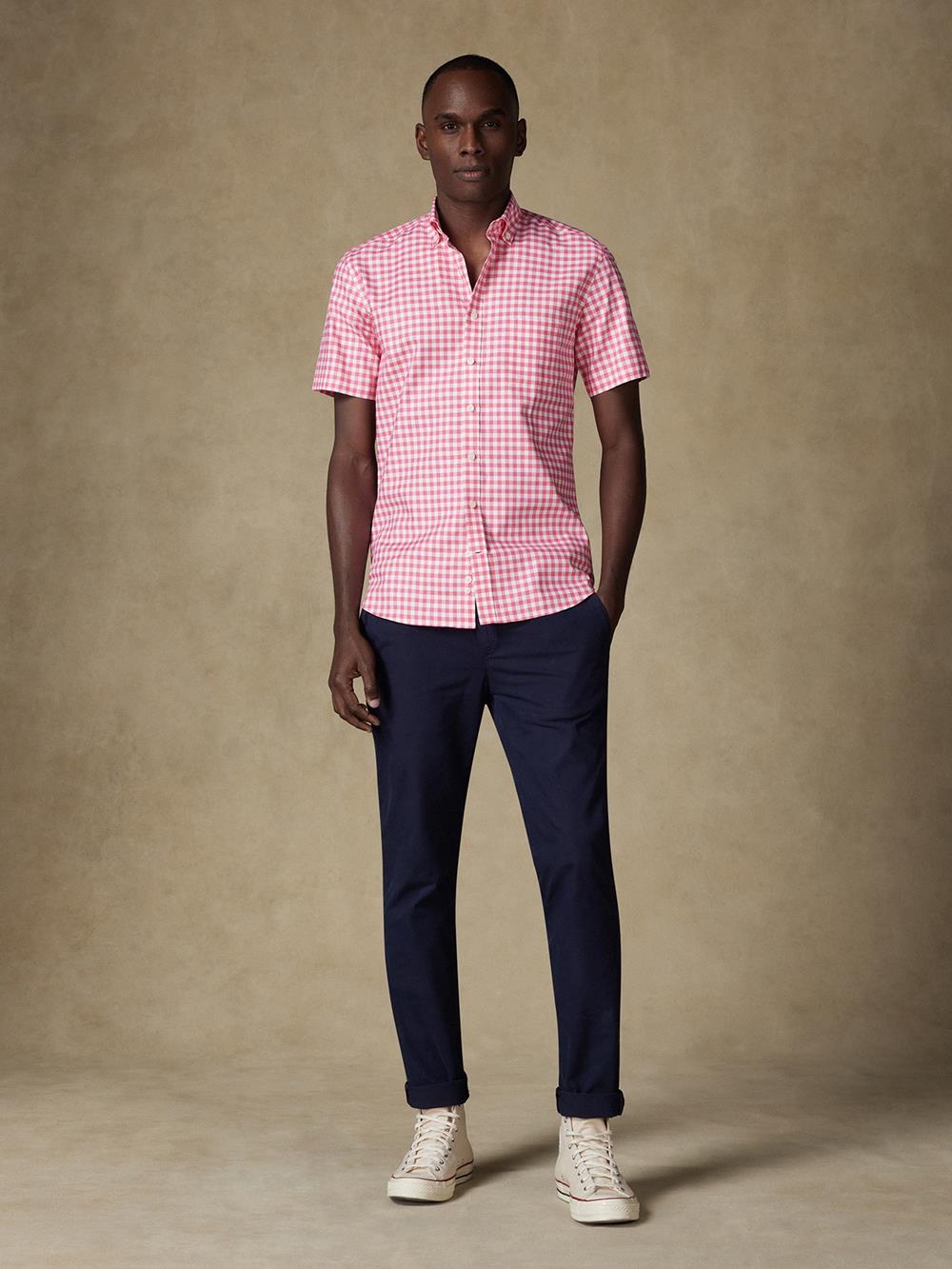 Buton down collar Ash check shortsleeves shirt - Fuchsia pink 