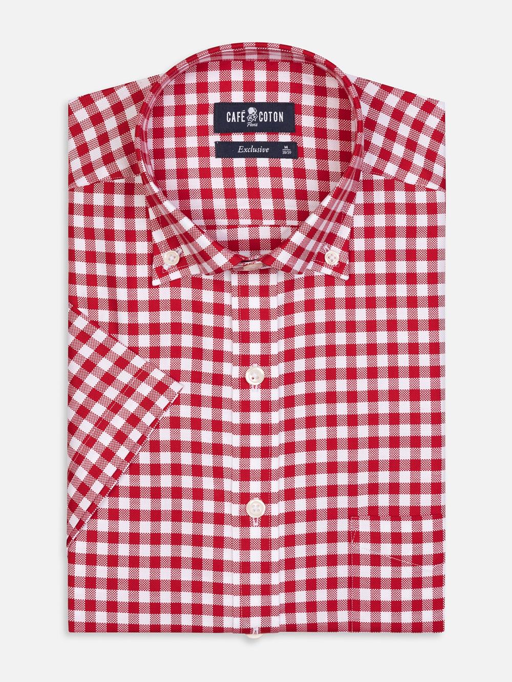 Buton down collar Ash check shortsleeves shirt - Red