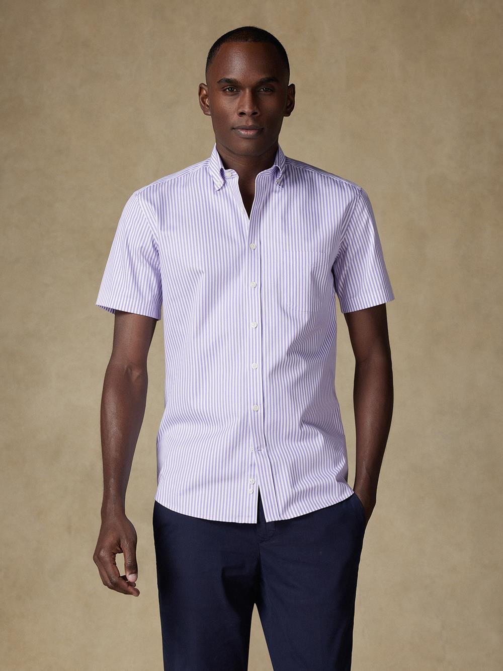 Chemise manches courtes Barry à rayures parme - Col boutonné