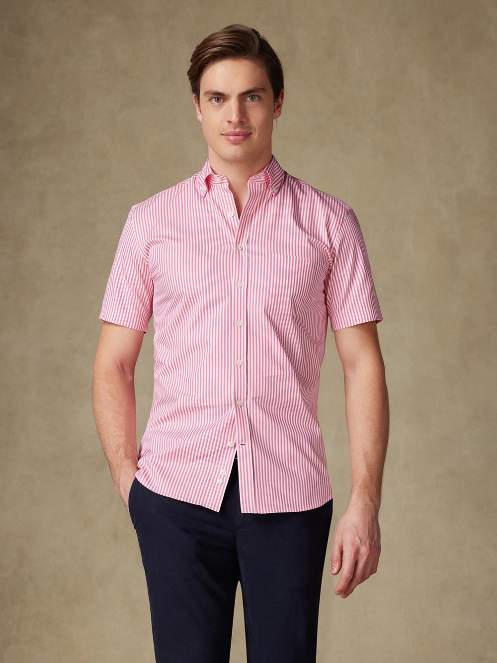 Buton down collar Barry stripe shortsleeves shirt - Fuchsia pink 