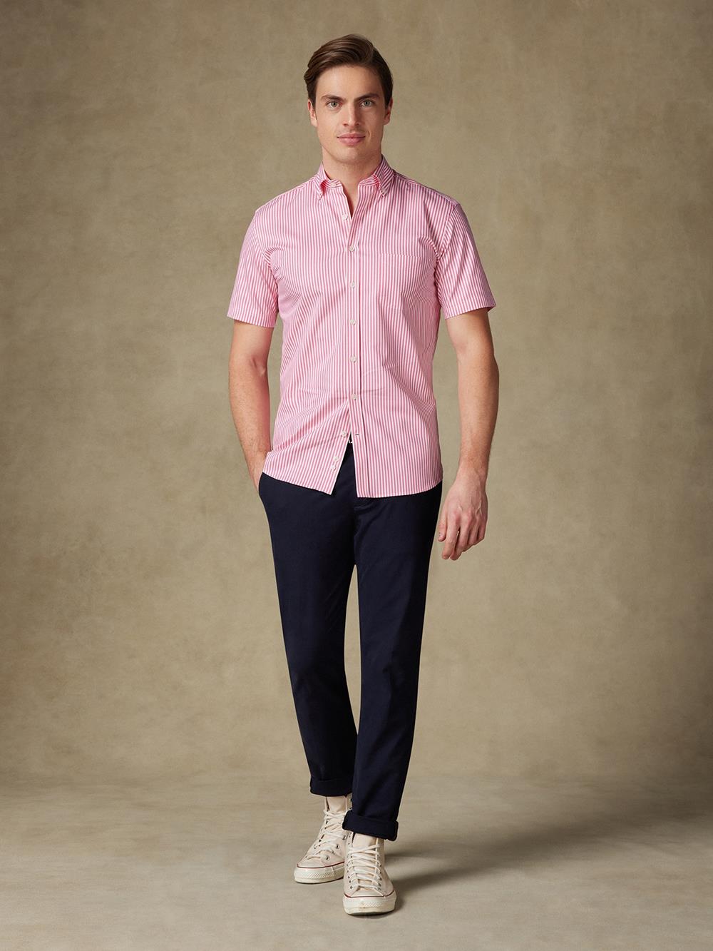 Kurzarmhemd Barry gestreift Fuchsia-Rosa - Button down kragen