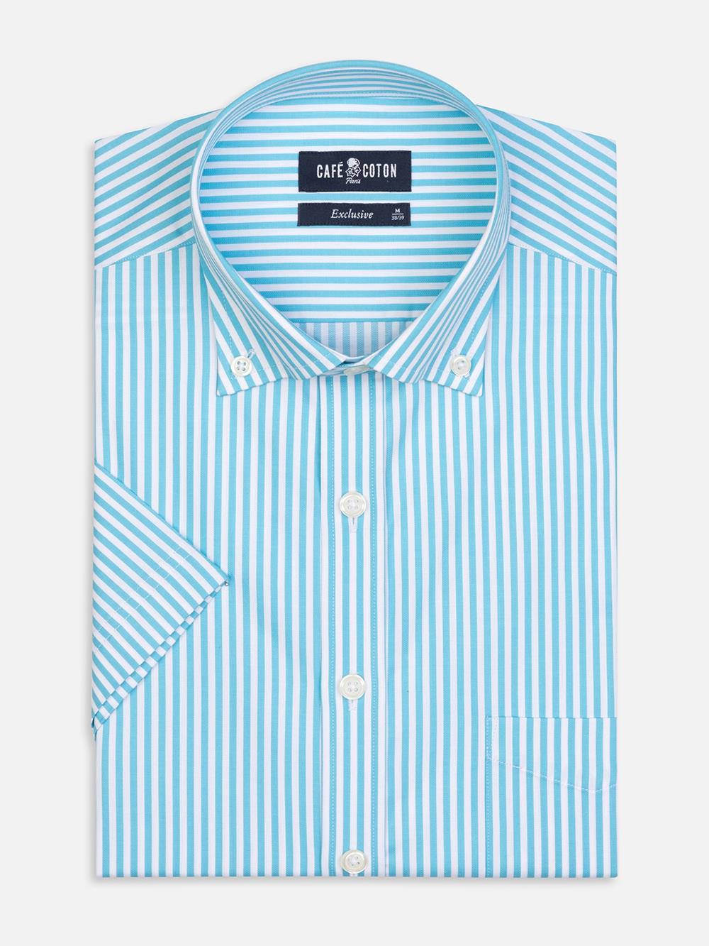 Buton down collar Barry stripe shortsleeves shirt - Turquoise