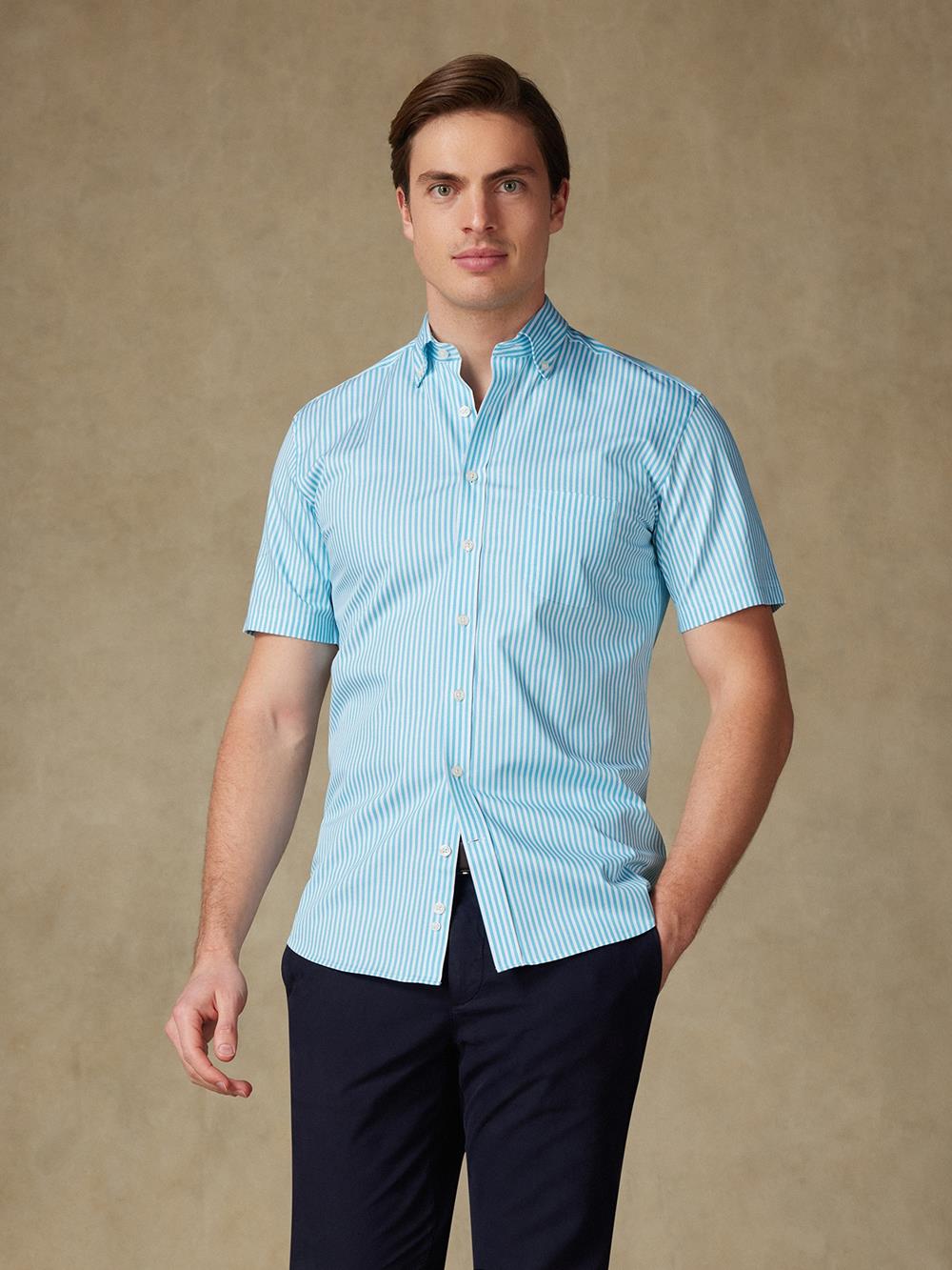 Buton down collar Barry stripe shortsleeves shirt - Turquoise