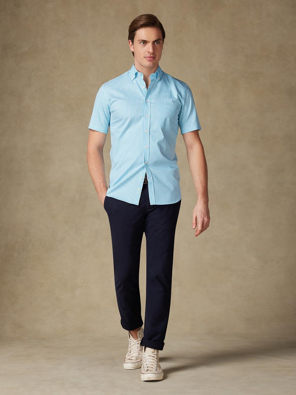 Chemise manches courtes Barry à rayures turquoise - Col boutonné