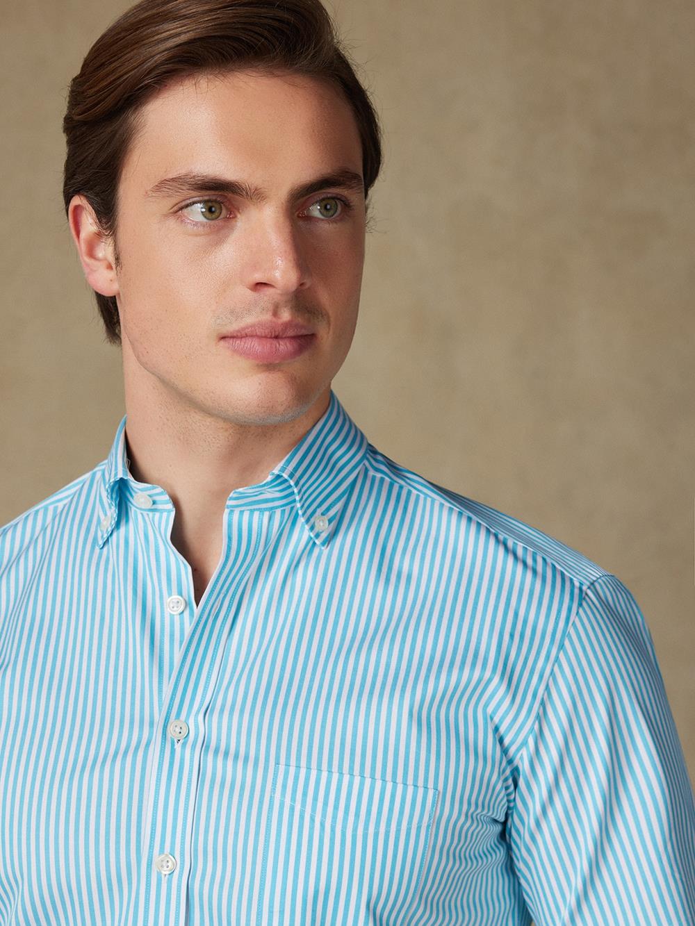 Buton down collar Barry stripe shortsleeves shirt - Turquoise