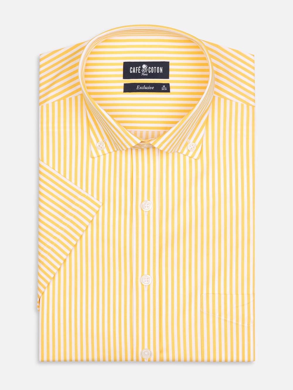 Chemise manches courtes Barry à rayures jaunes - Col boutonné