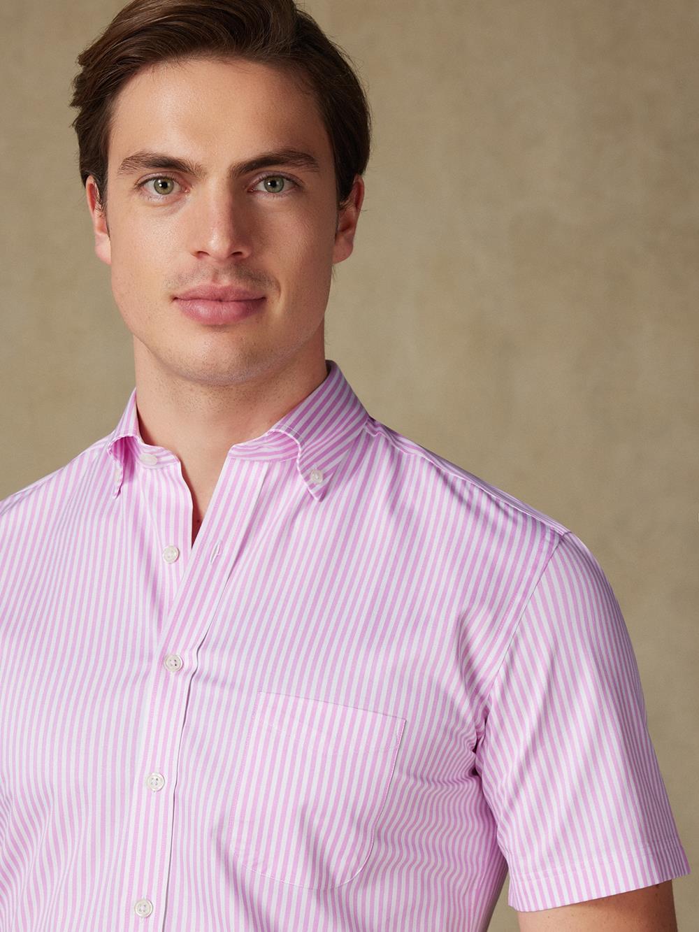 Chemise manches courtes Barry à rayures rose - Col boutonné