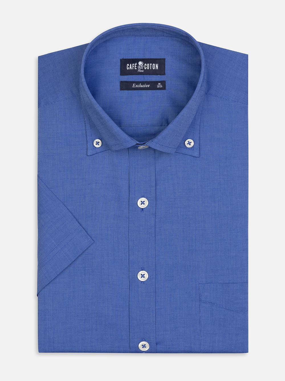 Kurzarmhemd Bob aus blauem Mikro-Oxford - Button down kragen