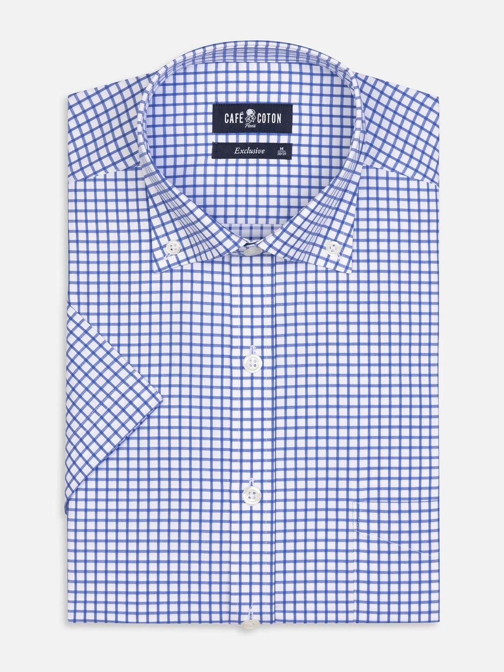 Chemise manches courtes Carlton à carreaux bleus  - Col boutonné