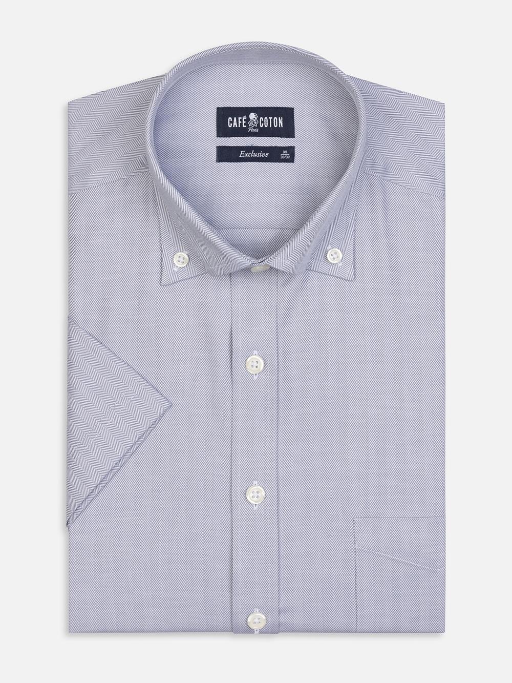 Grey Herringbone short sleeves shirt  - Button down collar