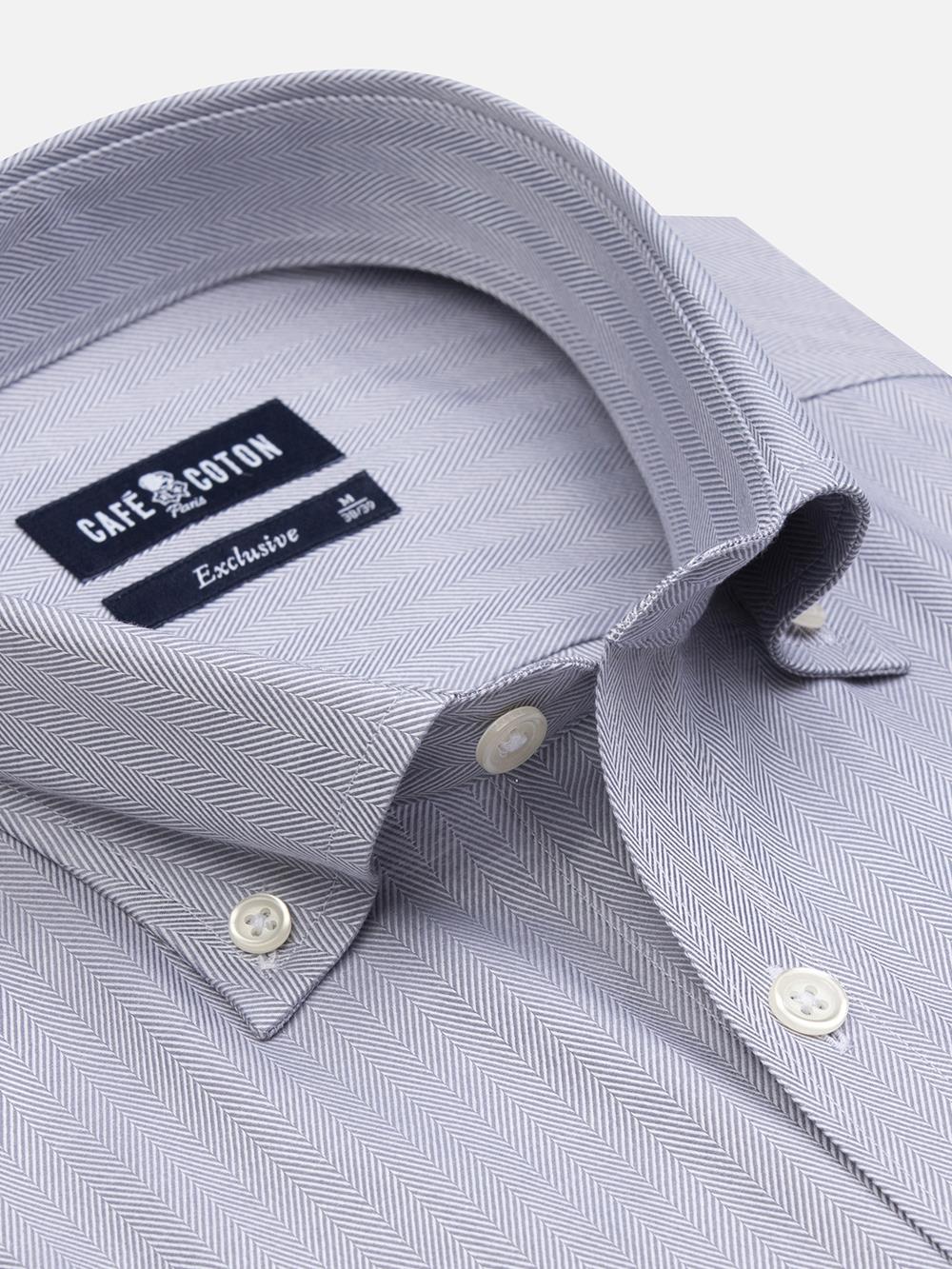 Grey Herringbone short sleeves shirt  - Button down collar