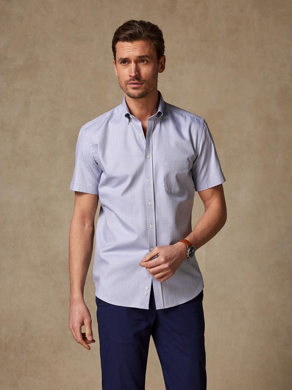 Grey Herringbone short sleeves shirt  - Button down collar